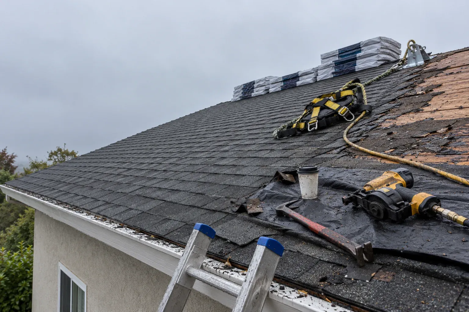 Roofing tools, harness and shingle bundles laid out on a roof