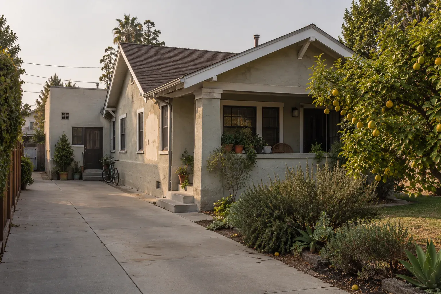 Bungalow with a flat-roofed addition behind, typical of Culver City