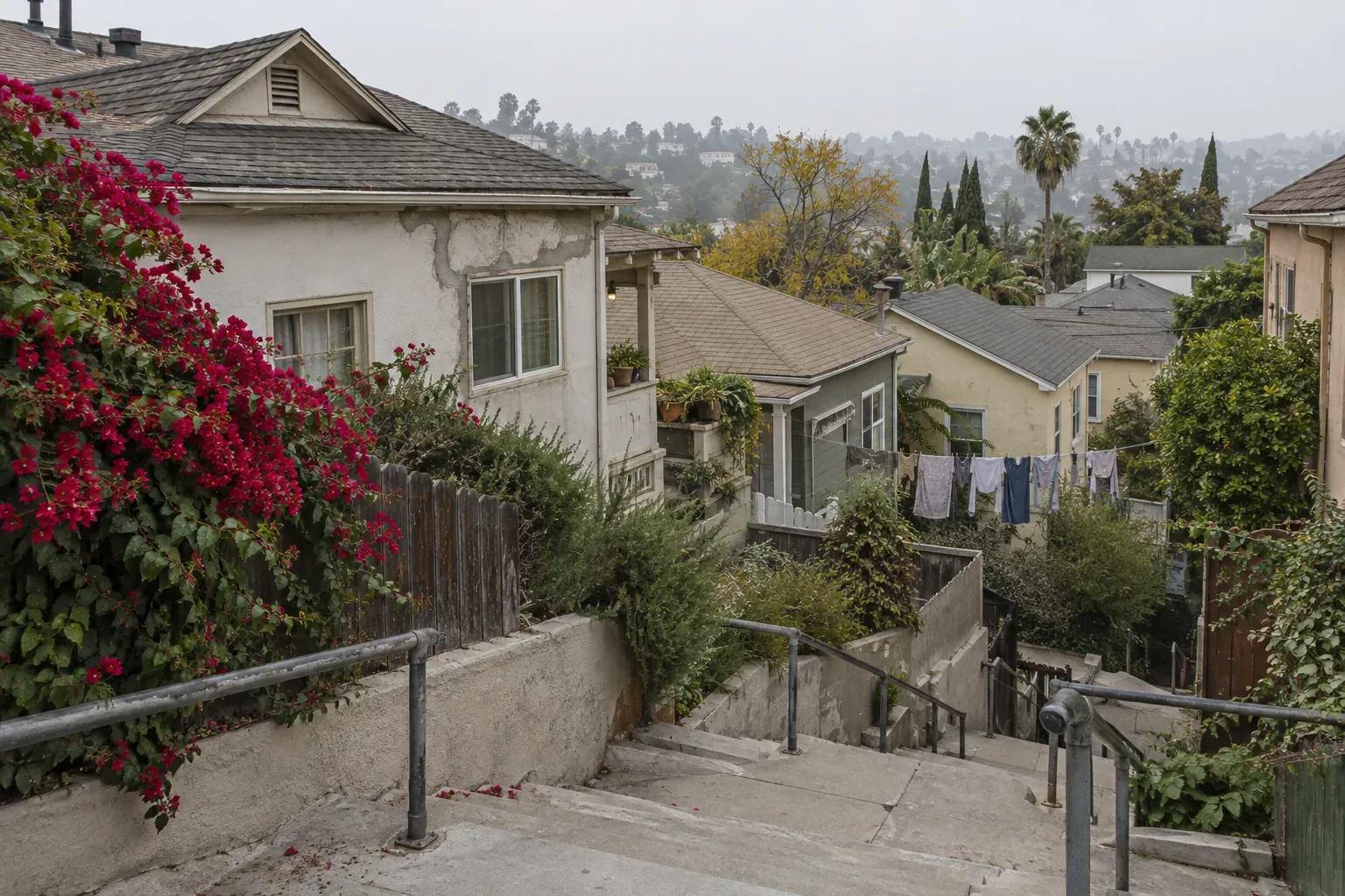 Hillside cottages stacked along a stairway, typical of Echo Park