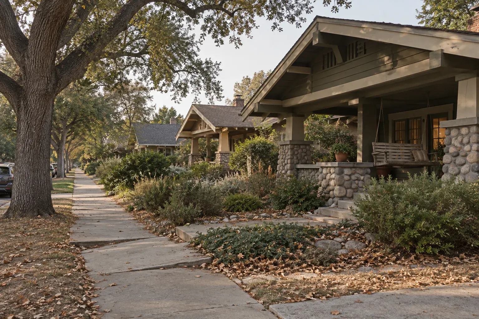 Craftsman bungalows with low-pitched roofs, typical of Pasadena
