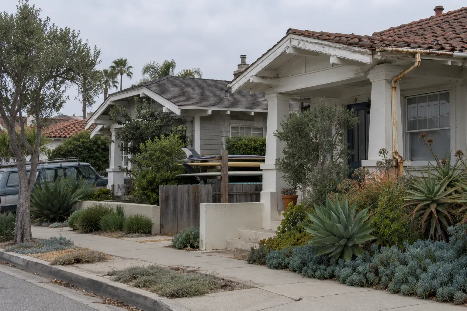 Coastal bungalows with shingle and tile roofs, typical of Santa Monica