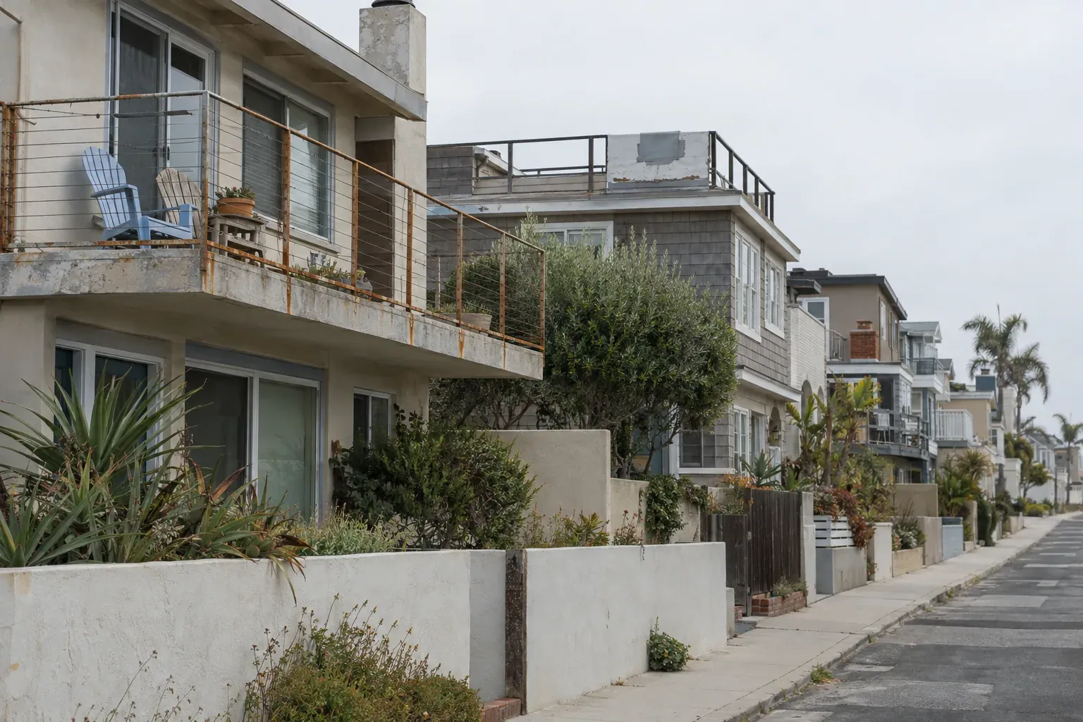 Flat-roofed beach houses on a walk street, typical of the South Bay