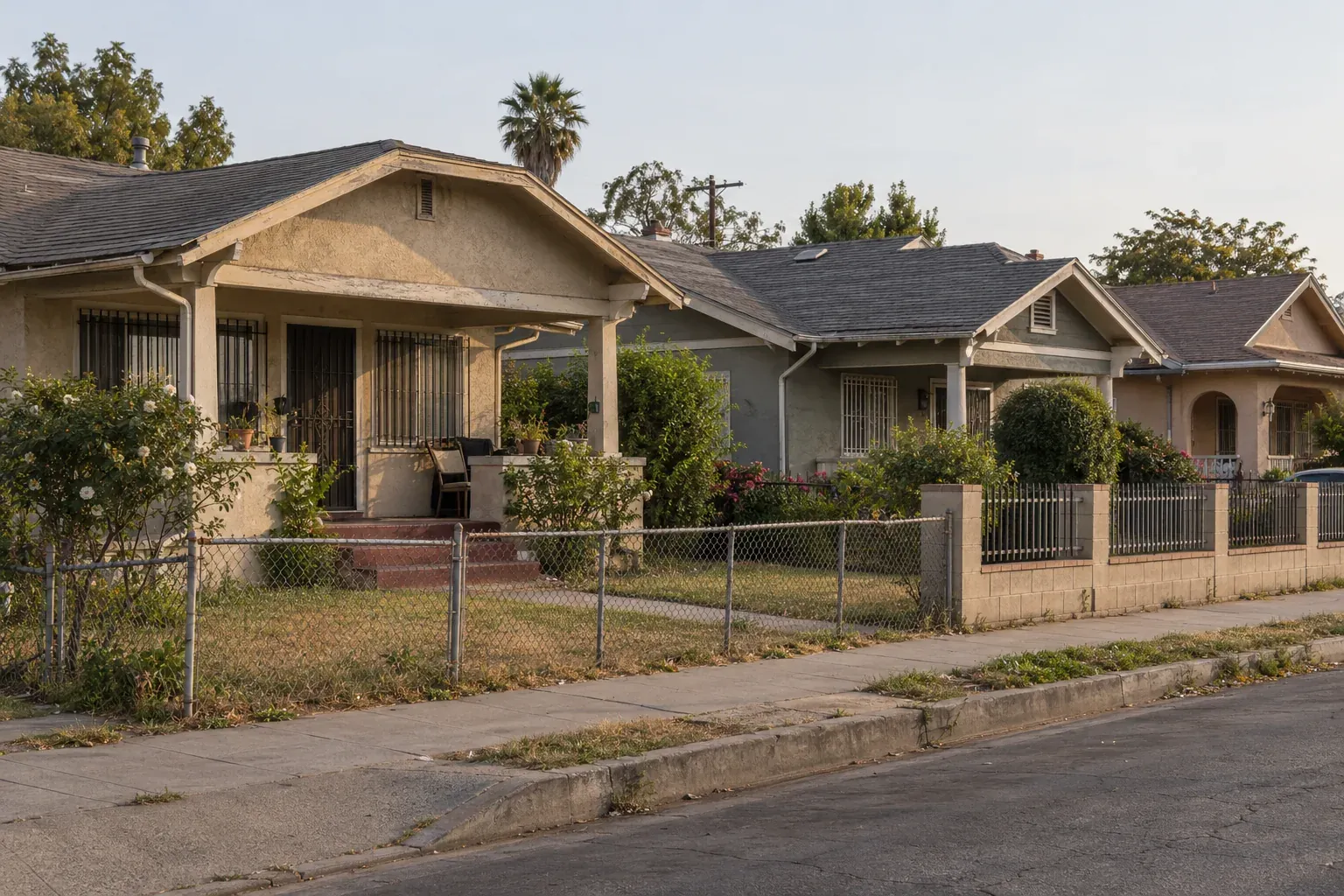Early 1900s bungalows with worn shingle roofs, typical of South LA