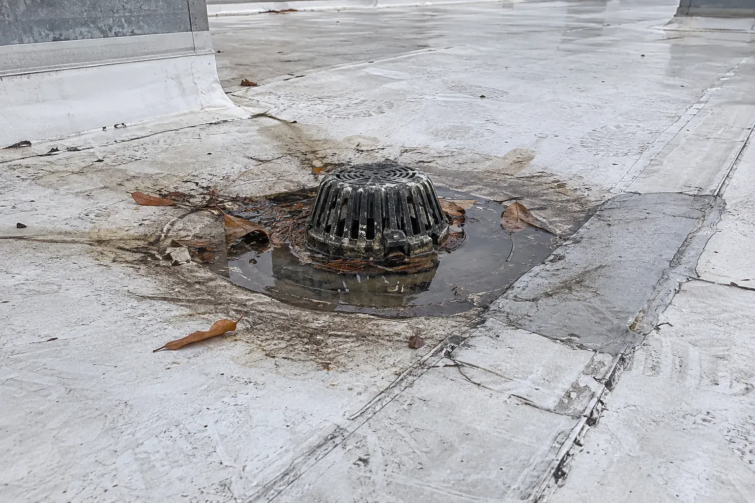 Ponding around a drain on a flat roof section