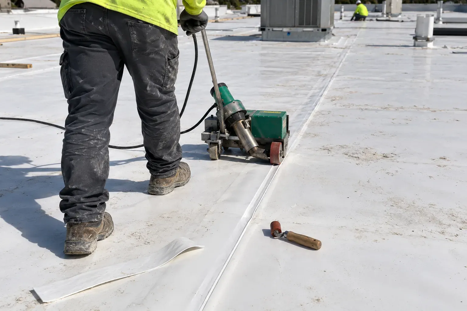 Roofer heat-welding a TPO seam on a commercial roof