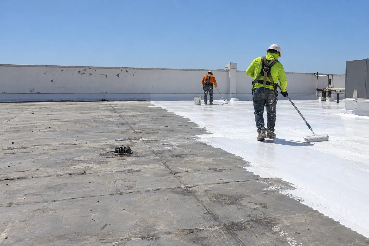 Roofer rolling a white cool-roof coating over an aged low-slope roof