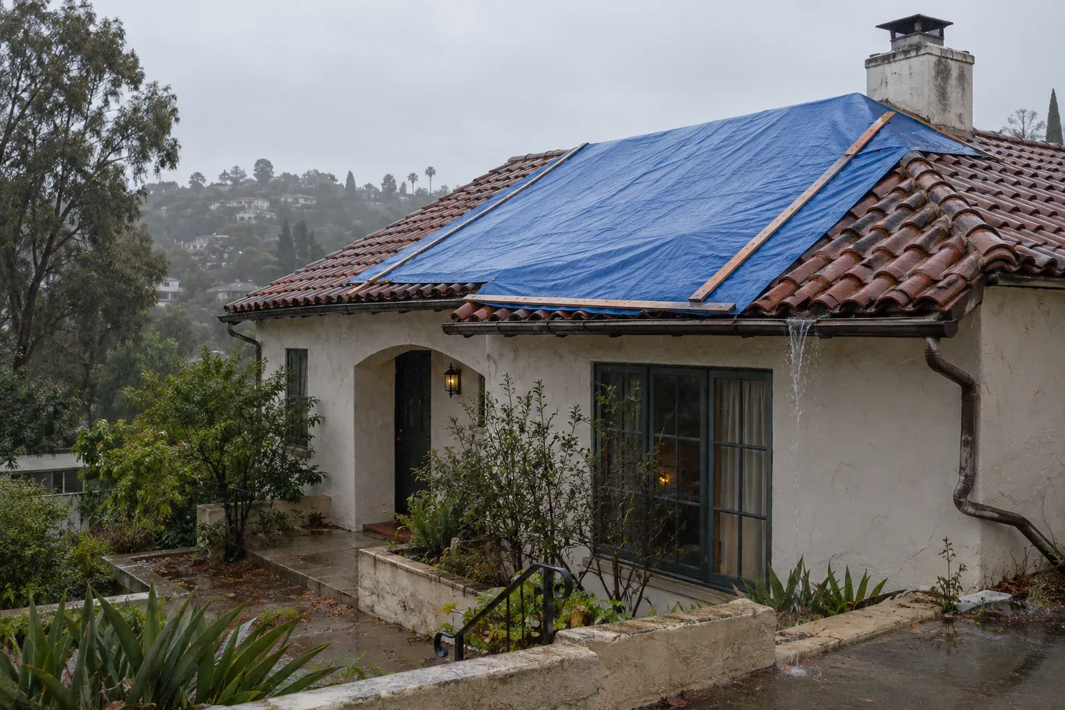 Emergency tarp held down with battens until a permanent repair