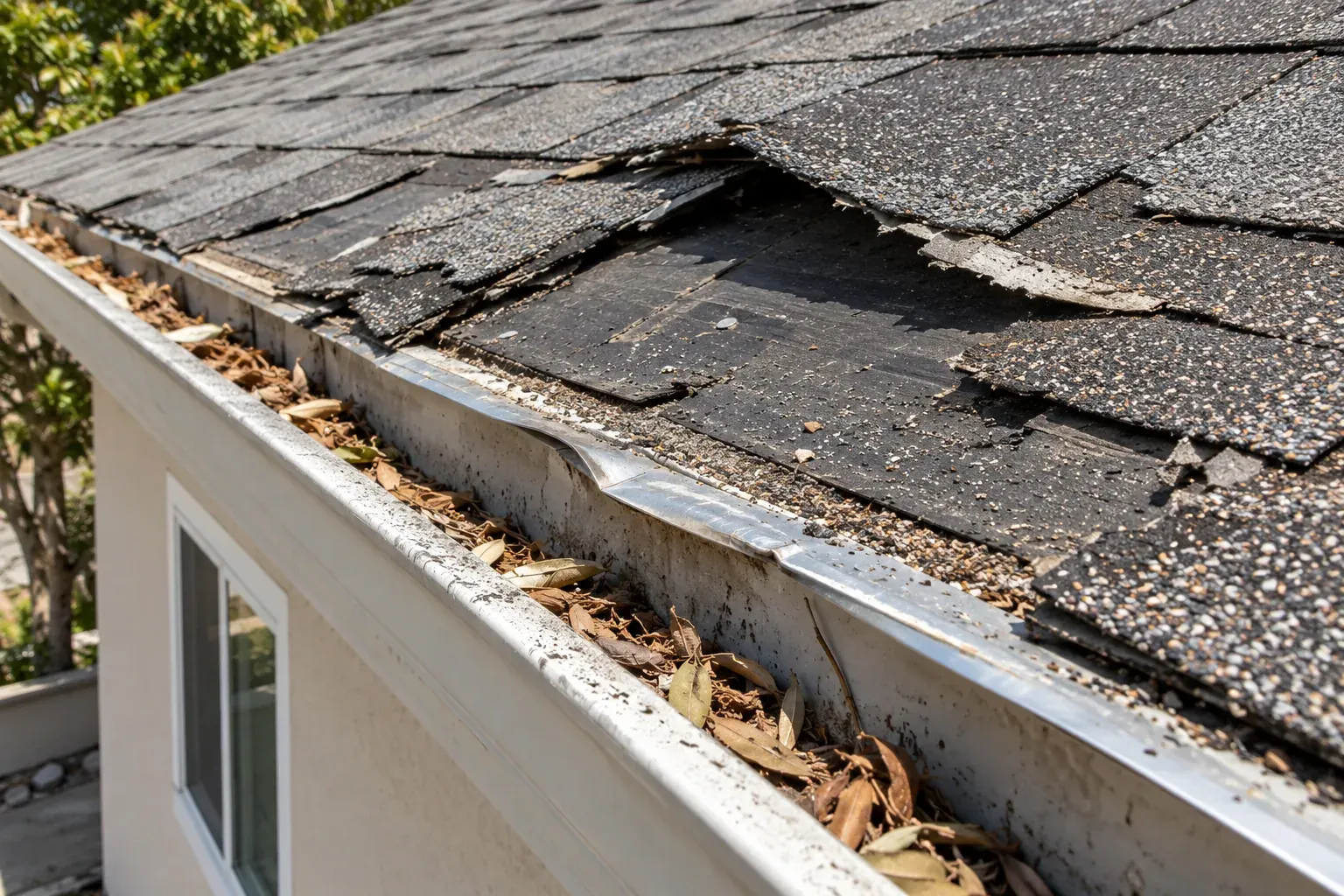 Missing and torn shingles found after a windstorm
