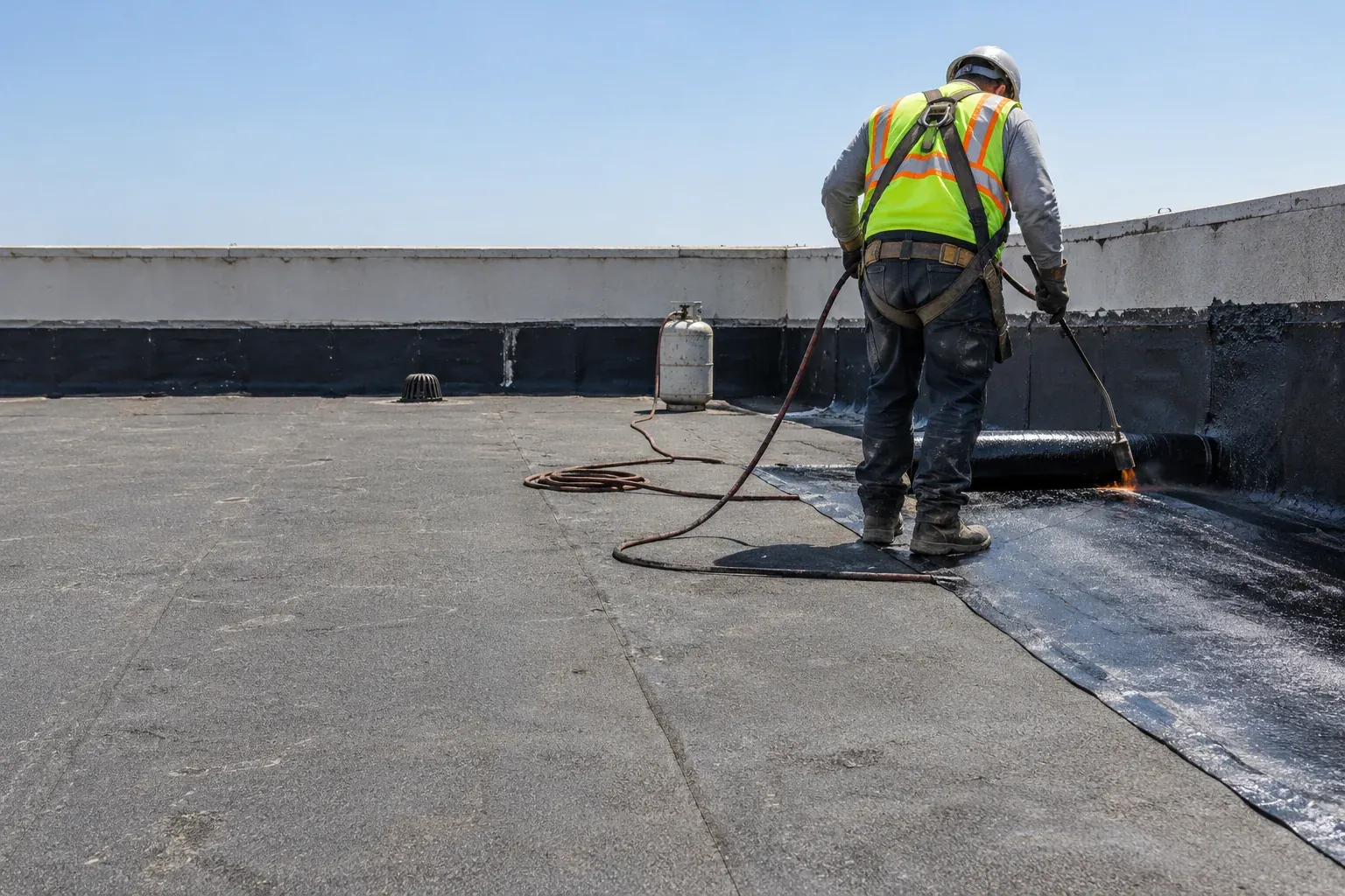 Roofer torching down a modified-bitumen flat roof