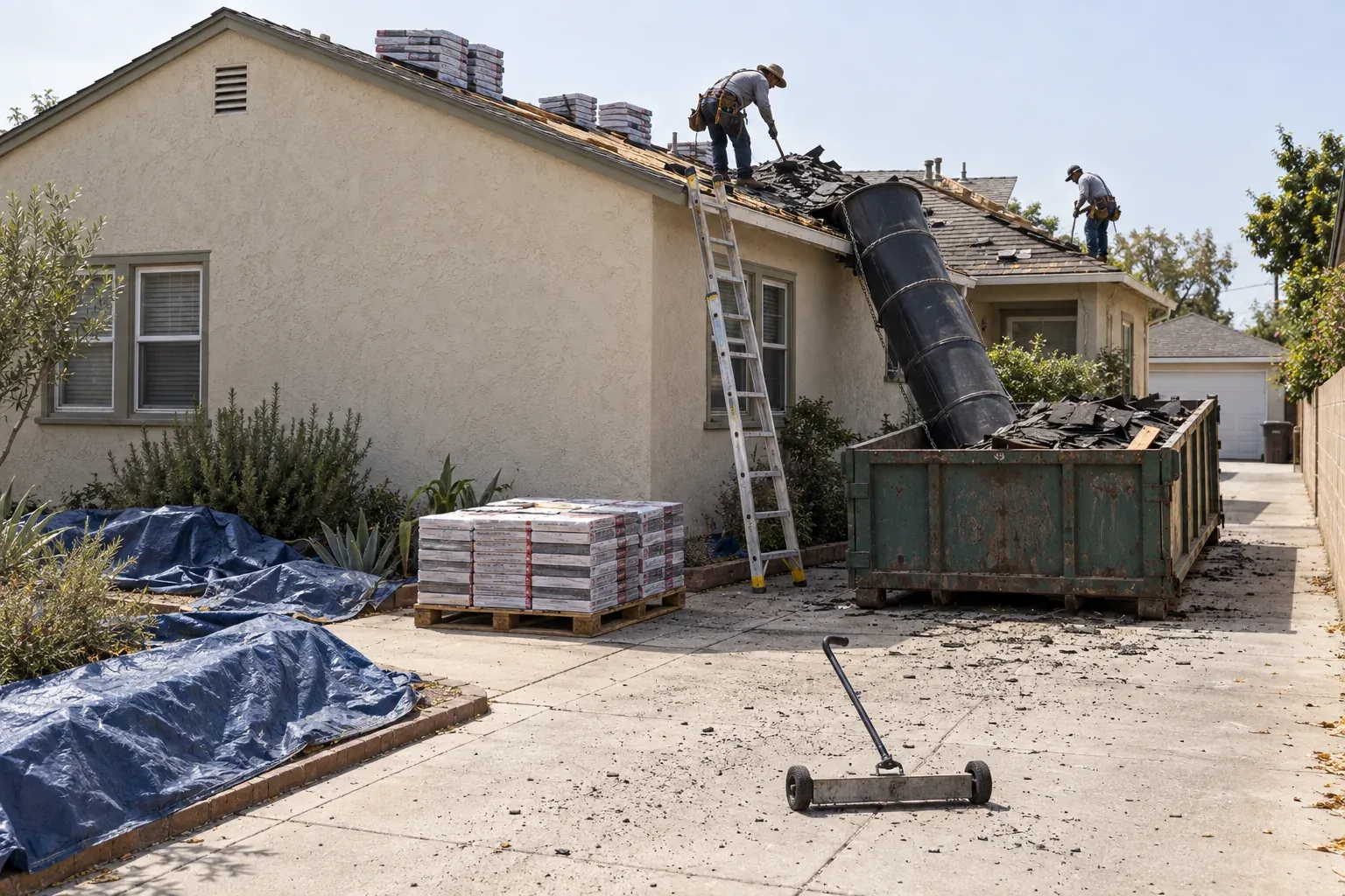 Dumpster and debris chute beside a house during a reroof