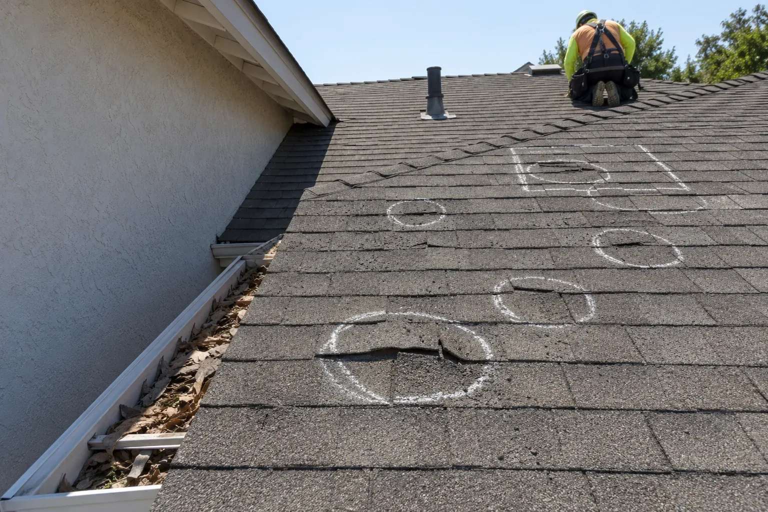 Chalk-marked wind damage on a shingle roof during a claim inspection