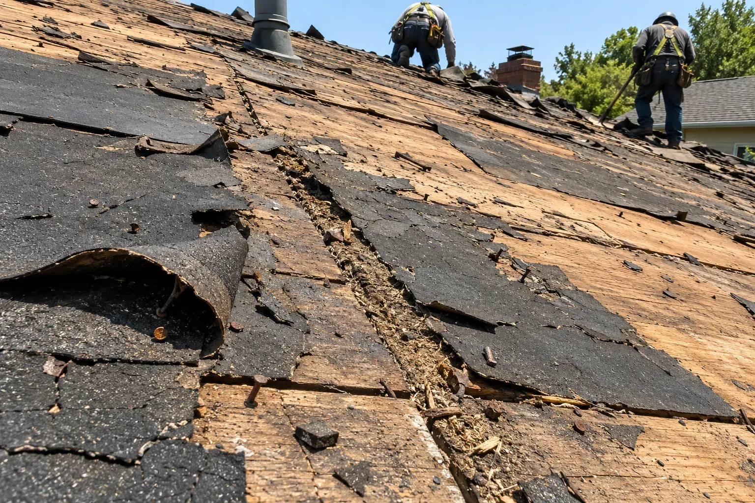 Old torn underlayment exposed under removed roofing