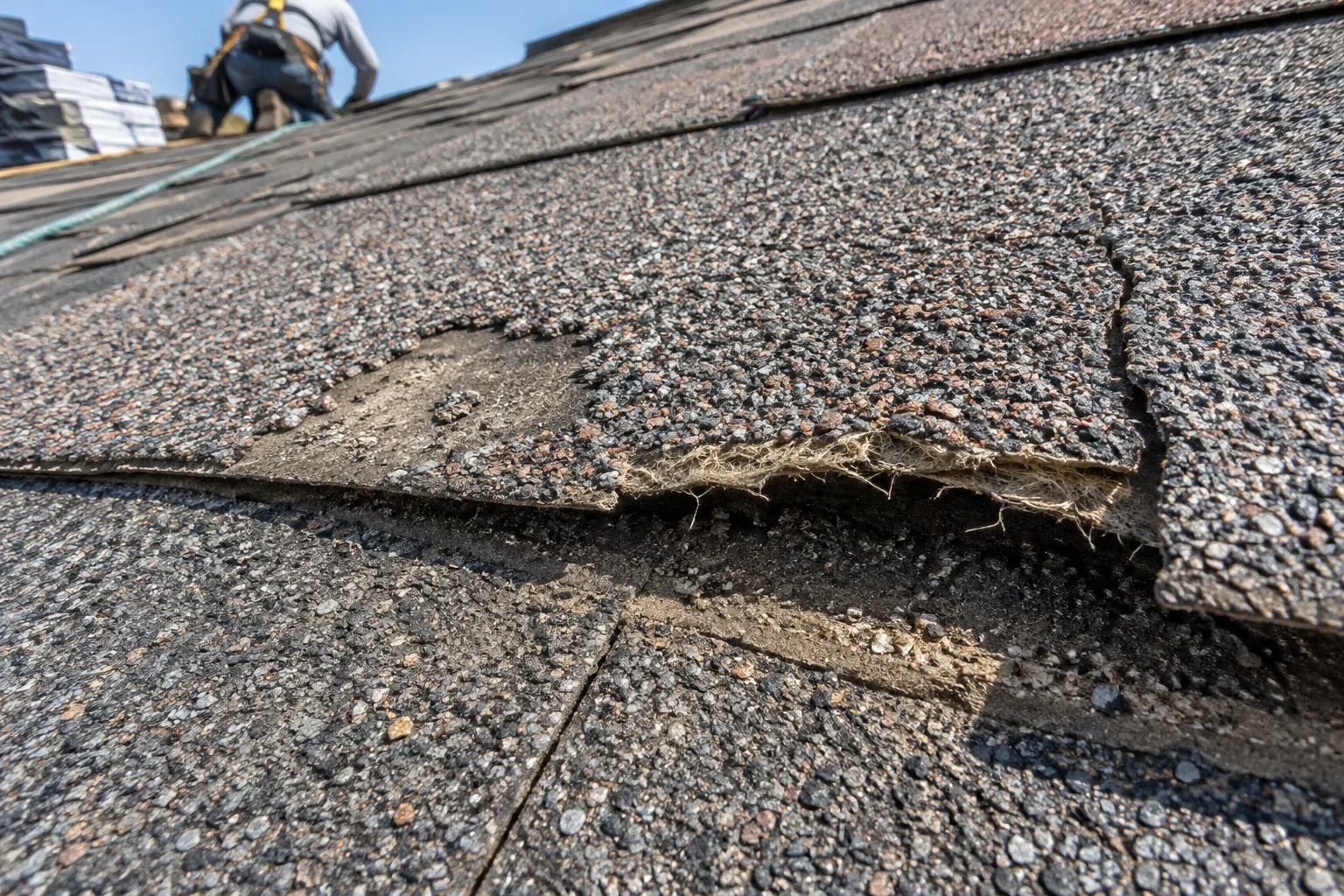 Cracked and curled asphalt shingles near the end of their life