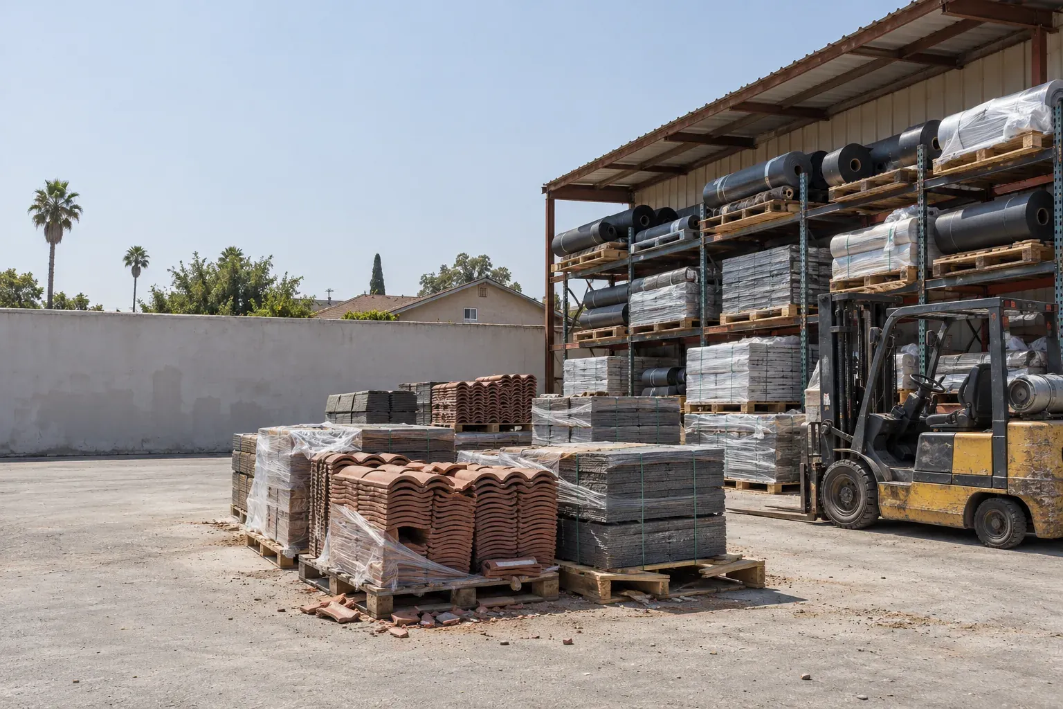 Pallets of tile, shingles and underlayment at a roofing supply yard