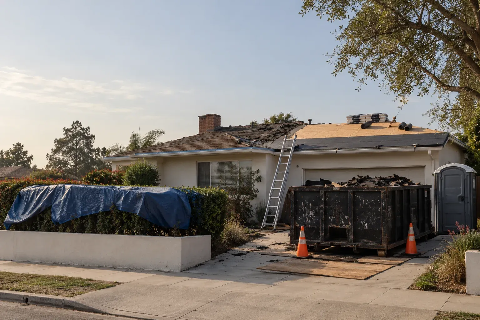 House stripped to new roof deck during a permitted reroof