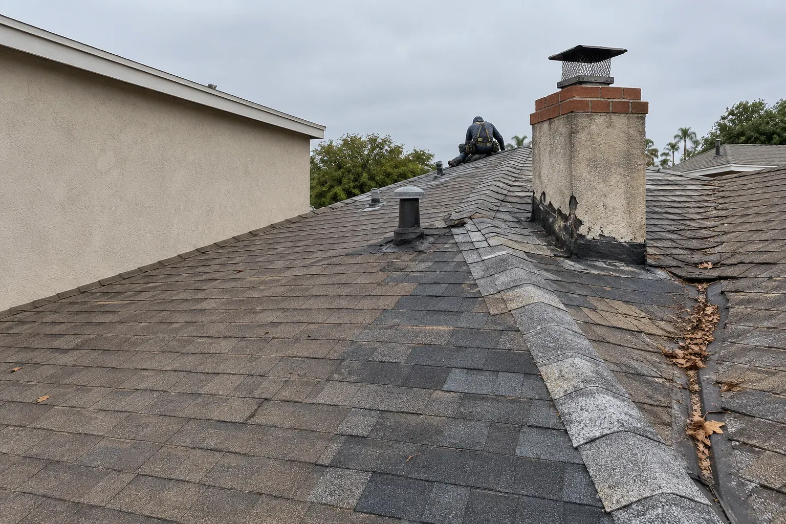 Shingle roof with mismatched past repairs around a chimney