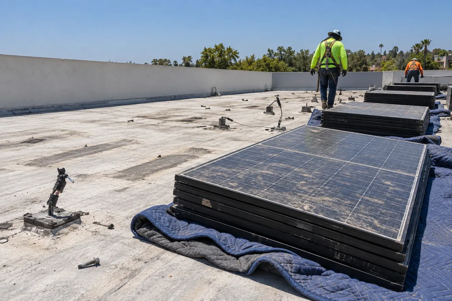 Solar panels removed and stacked on blankets before a reroof