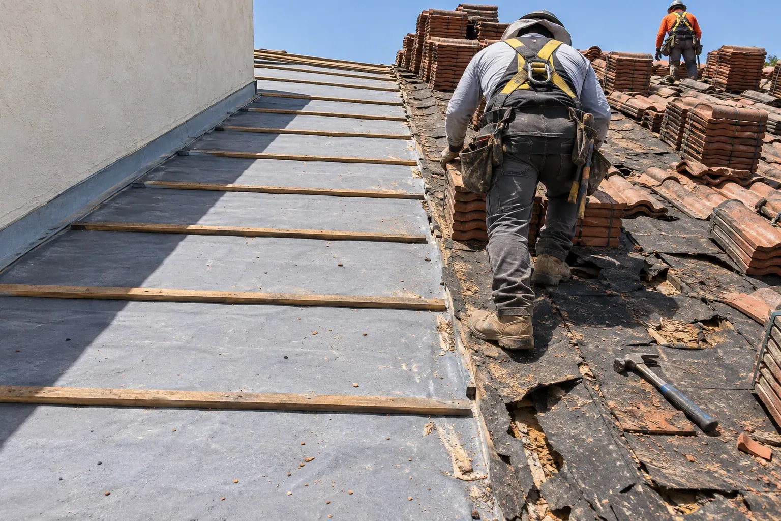Lift-and-relay in progress with new underlayment and battens