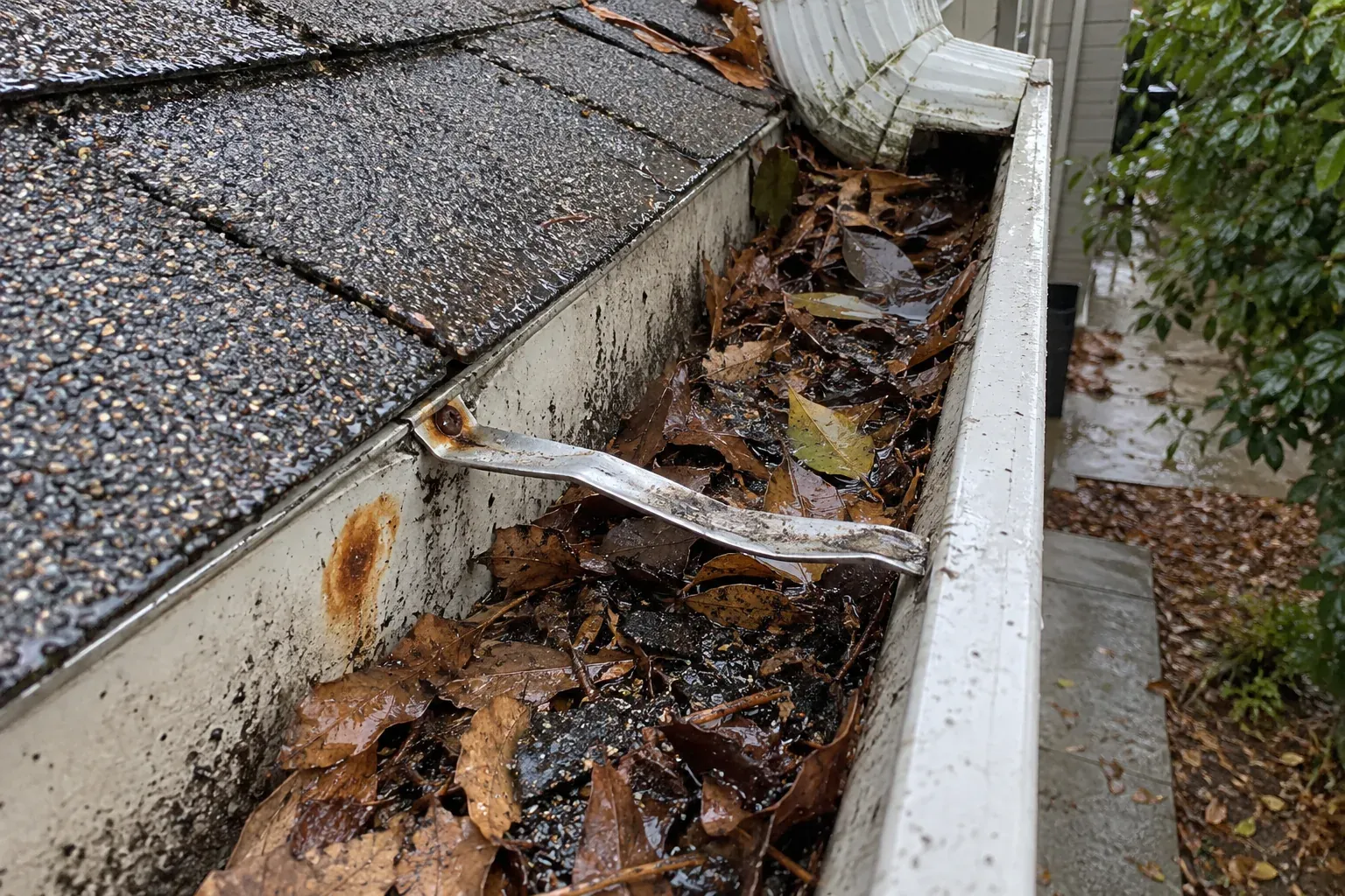 Clogged aluminium gutter full of leaves and shingle granules