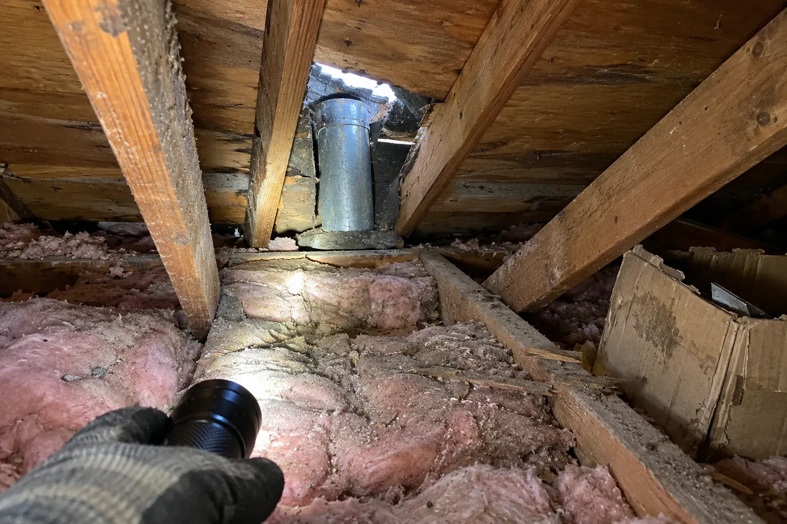 Water staining in the attic of an older bungalow