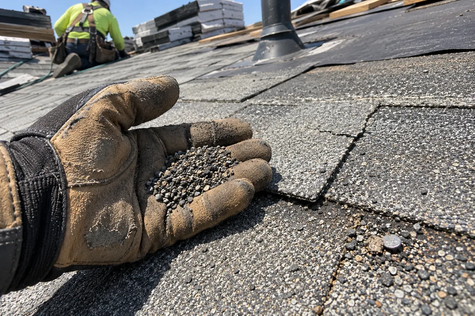 Handful of shingle granules collected during a roof inspection