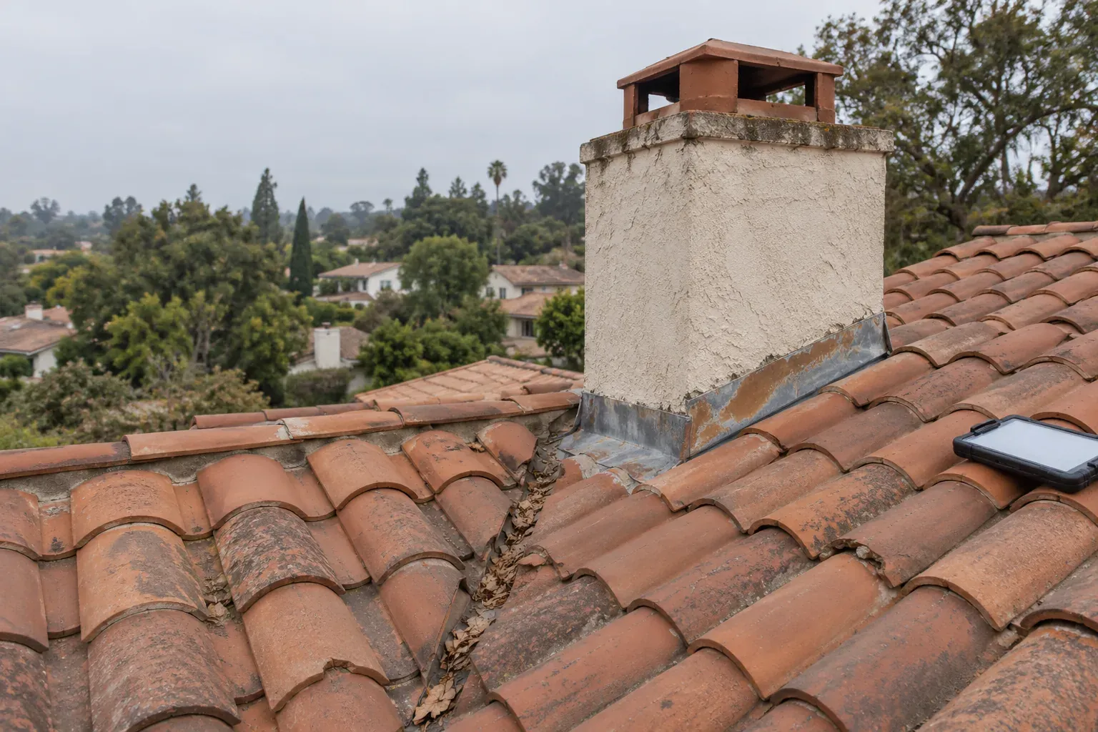 Worn clay tile around a chimney on an older roof