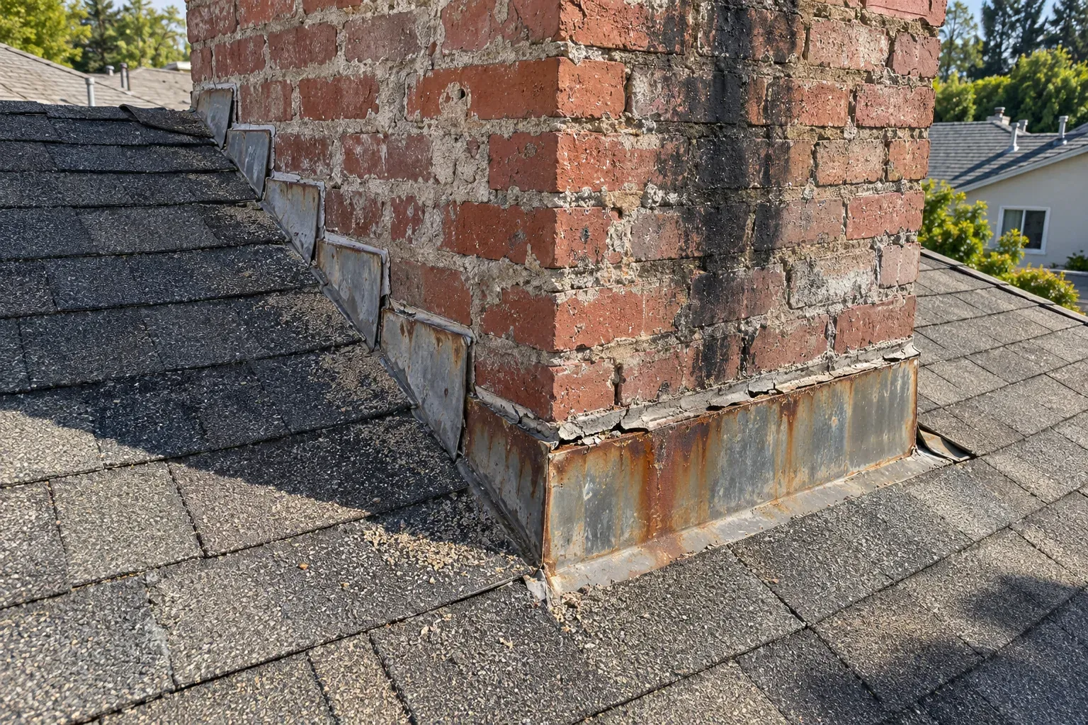 Rusted chimney counter-flashing with cracked sealant