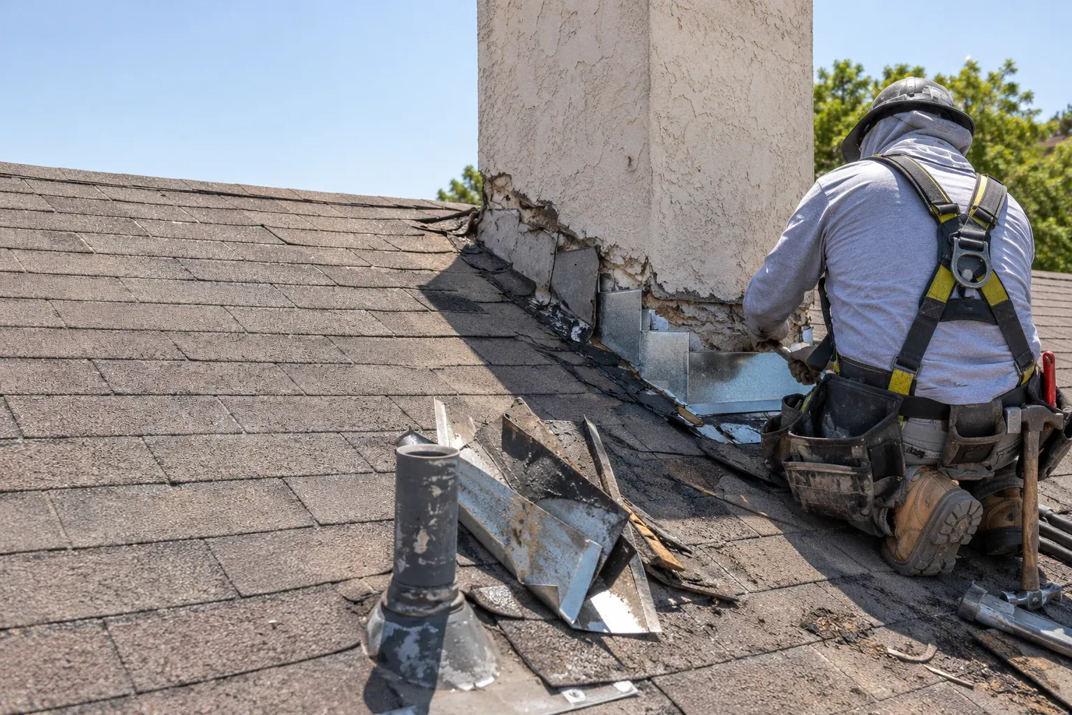Chimney flashing being replaced on an older roof