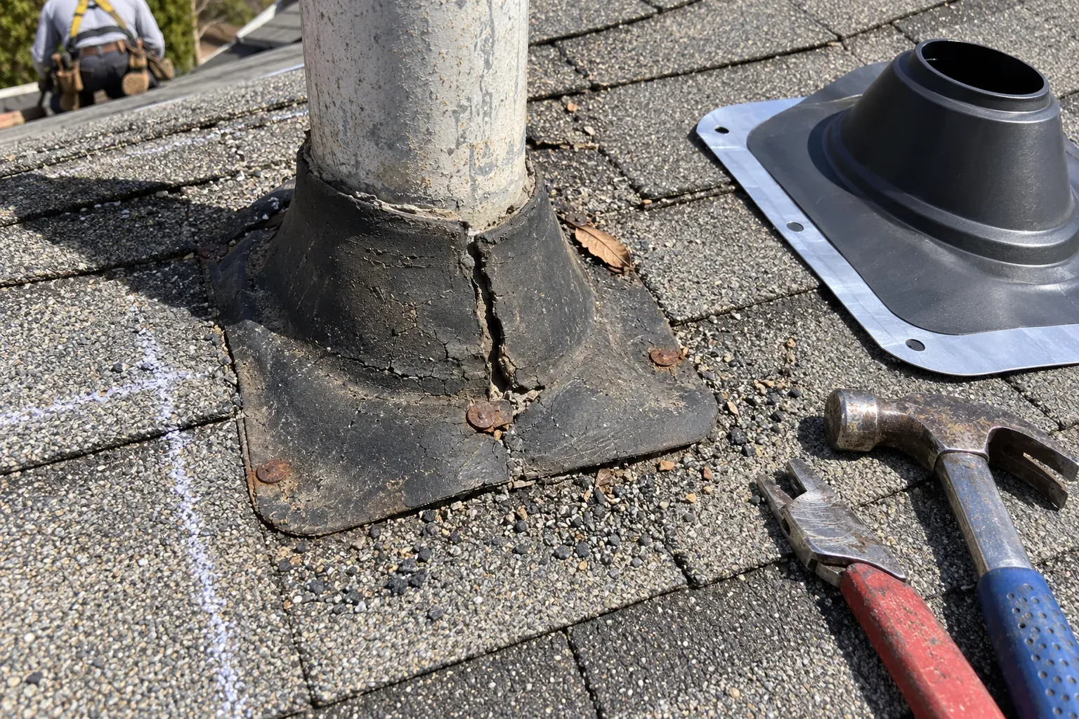 Weathered pipe boot of the kind found on coastal-zone roofs like Torrance's