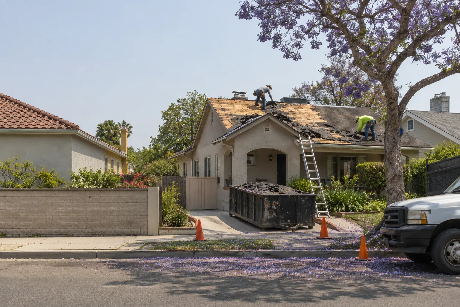 One house being reroofed on a street of older Los Angeles homes