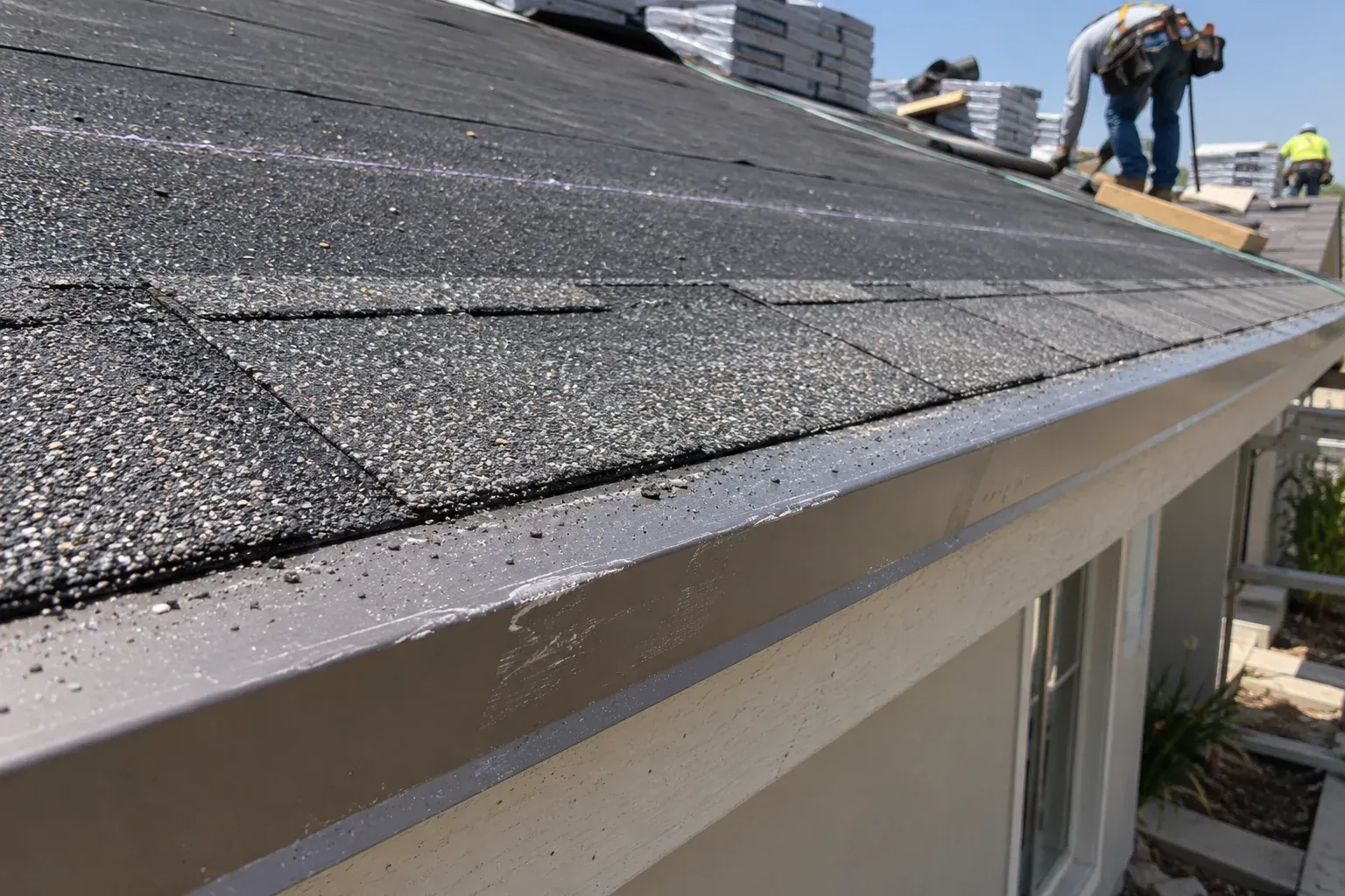 Metal drip edge along the eave directing water into the gutter