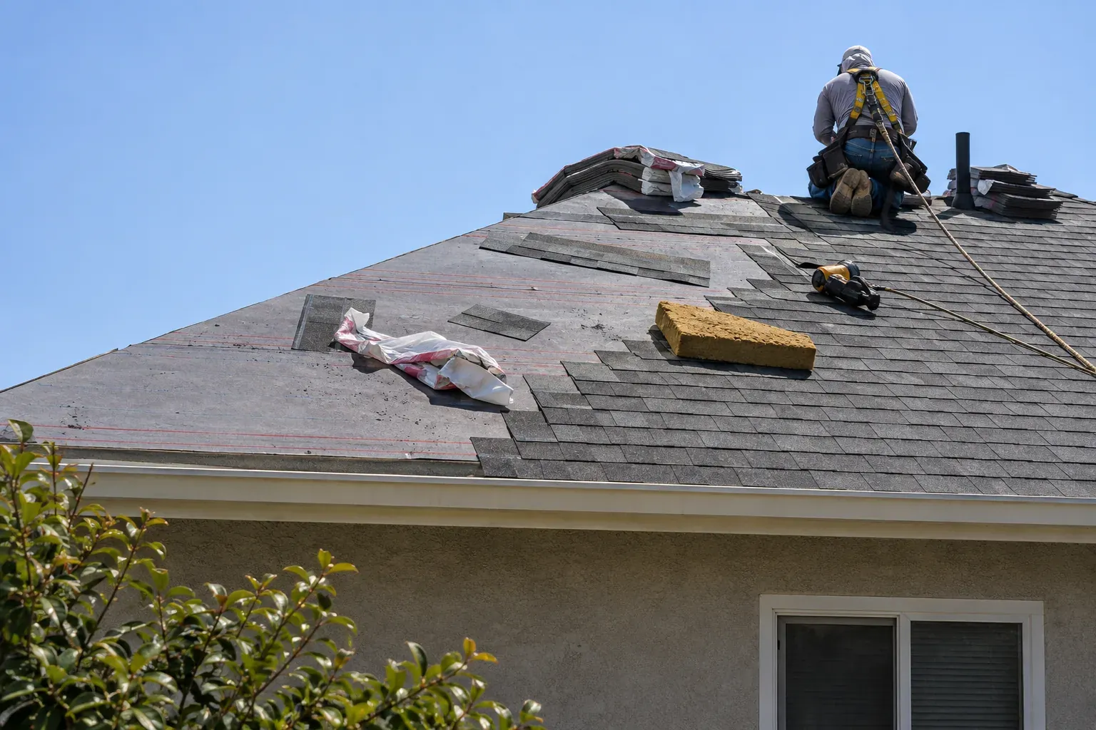 Roofer tied off to a ridge anchor while installing shingles