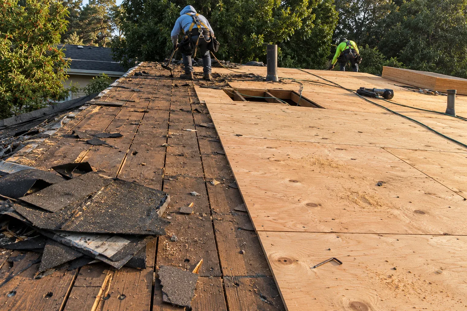 New plywood roof deck going down over old boards during a reroof