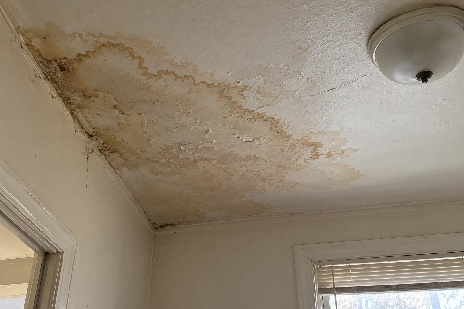 Brown water stain on a bedroom ceiling below a roof leak