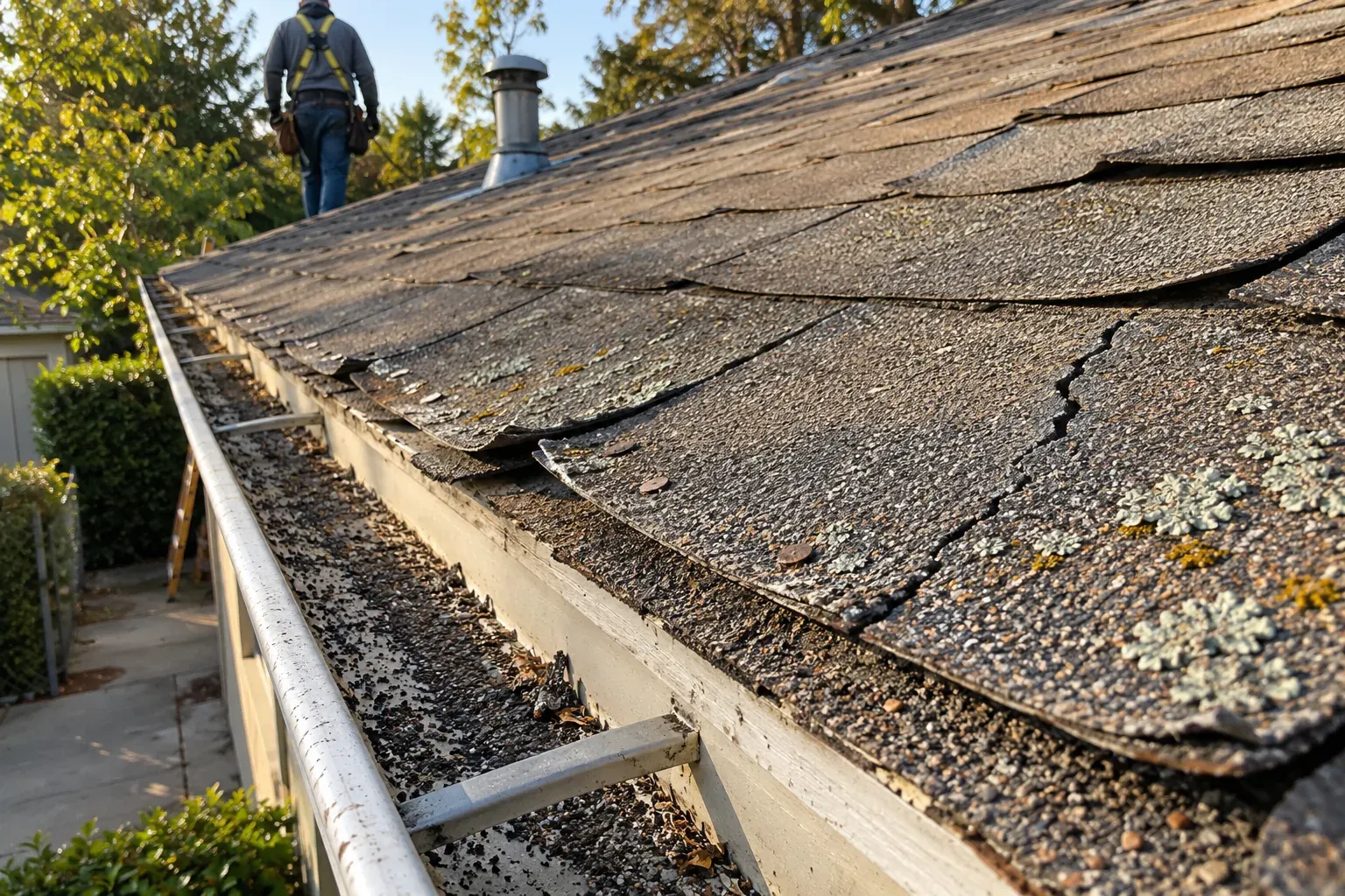 Curled asphalt shingles with granules in the gutter