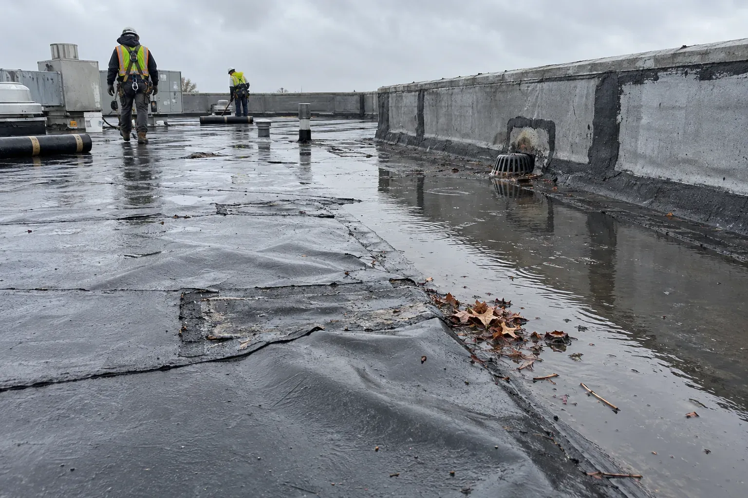 Ponding water on a flat roof after rain