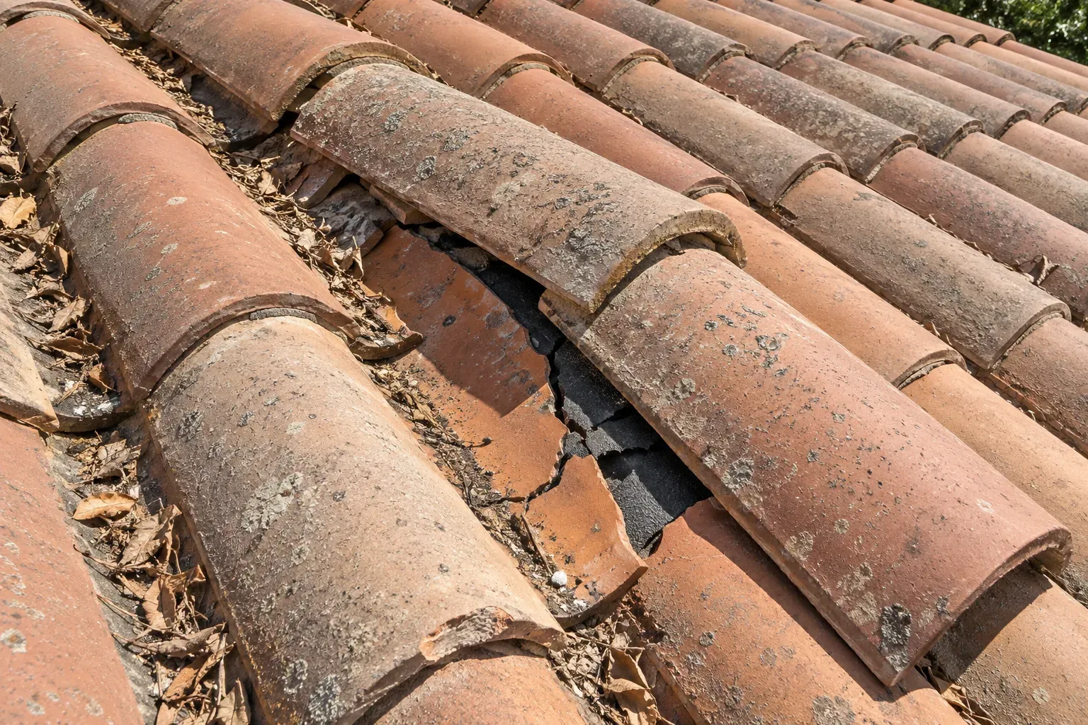 Slipped and cracked clay barrel tiles