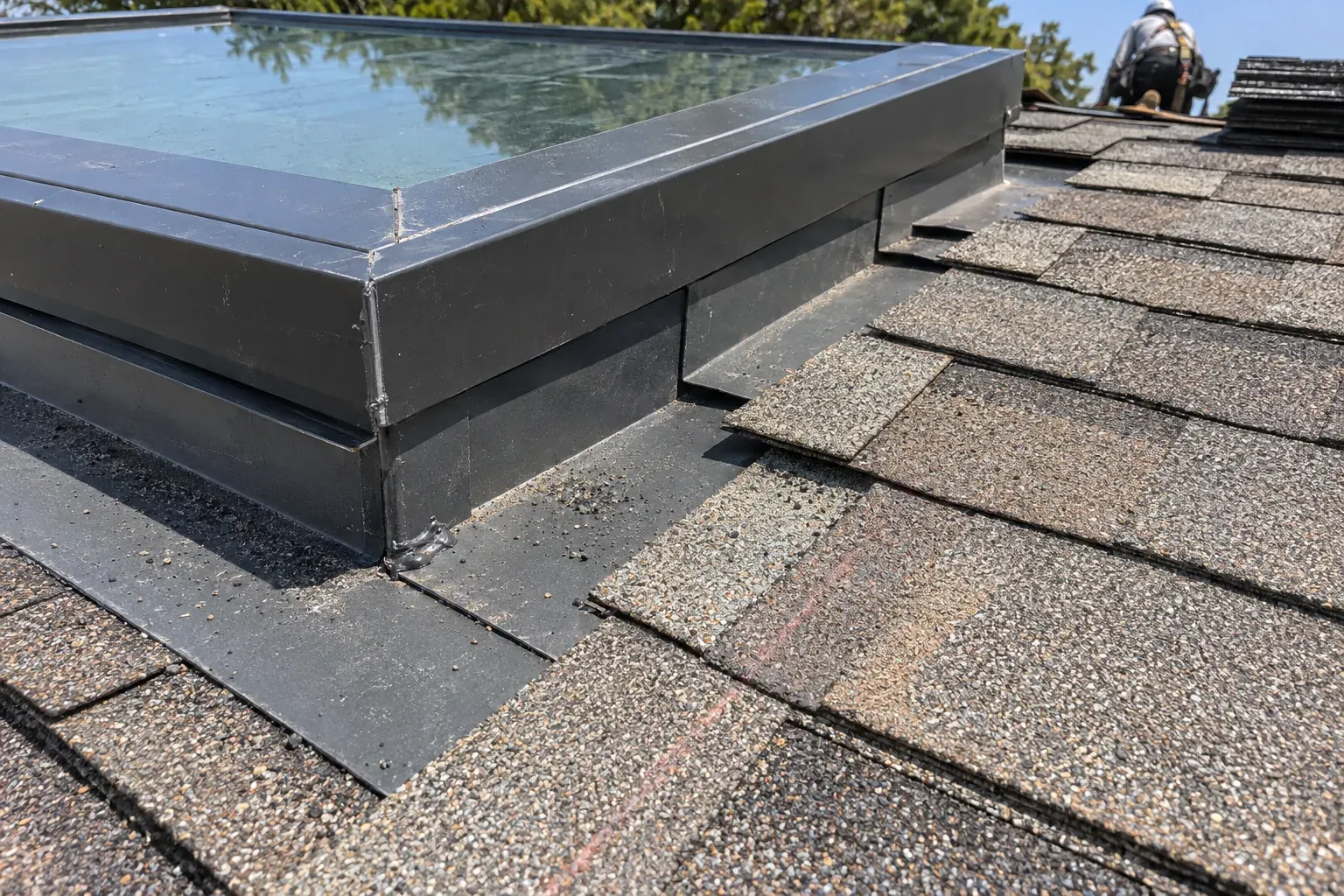 Curb-mounted skylight with flashing lapped under the roof courses