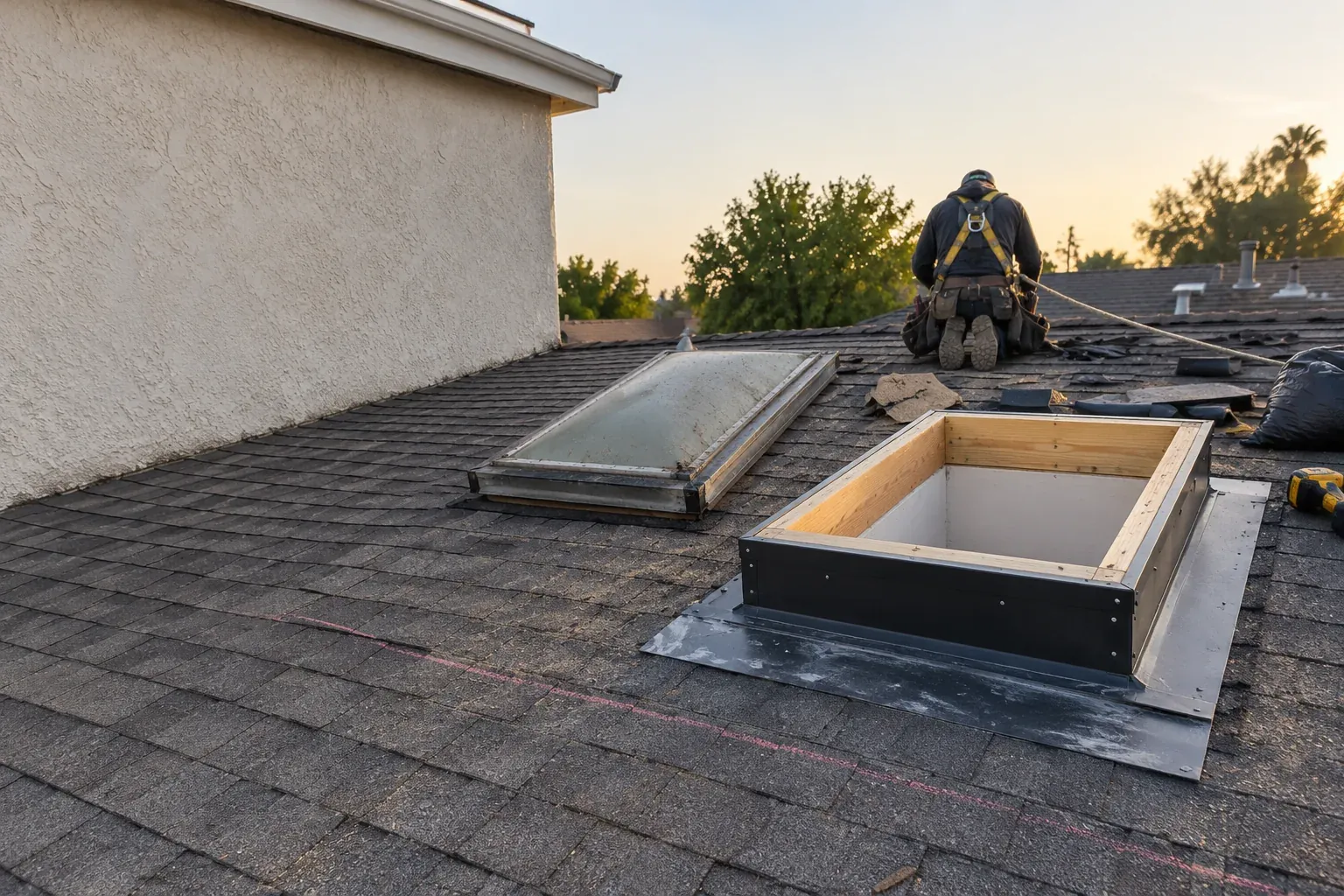 Old skylight removed from its curb during a skylight replacement