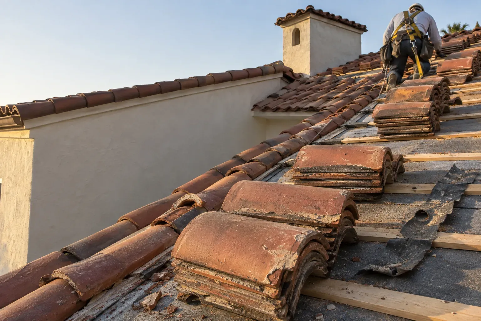 Clay tiles stacked on new battens during a tile roof relay